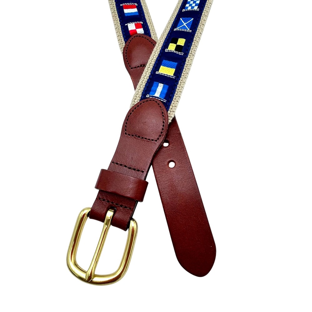 Nautical Signal Flag Canvas Belt Brown Leather Brass Buckle Preppy Sailing 40